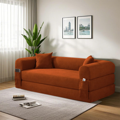 Convertible Sleeper Sofa Bed with Cylindrical Pillow, Corduroy Folding Mattress Couch, Floor Sofa  Sofa-in-a-Box, No Installation & Easy to Transport, Deep Seat