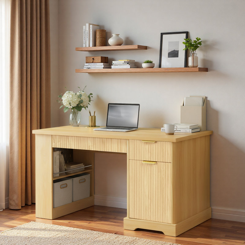 Fluted Office Desk with Storage Cabinet & Drawers and Power Outlet, Light Oak