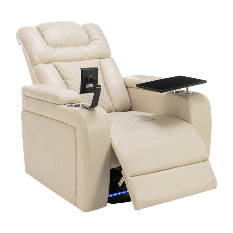 270 Degree Swivel PU Leather Power Recliner Individual Seat Home Theater Recliner With Tray Table, White