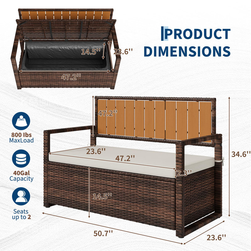 Banc de rangement extérieur pour 2 personnes avec coussin