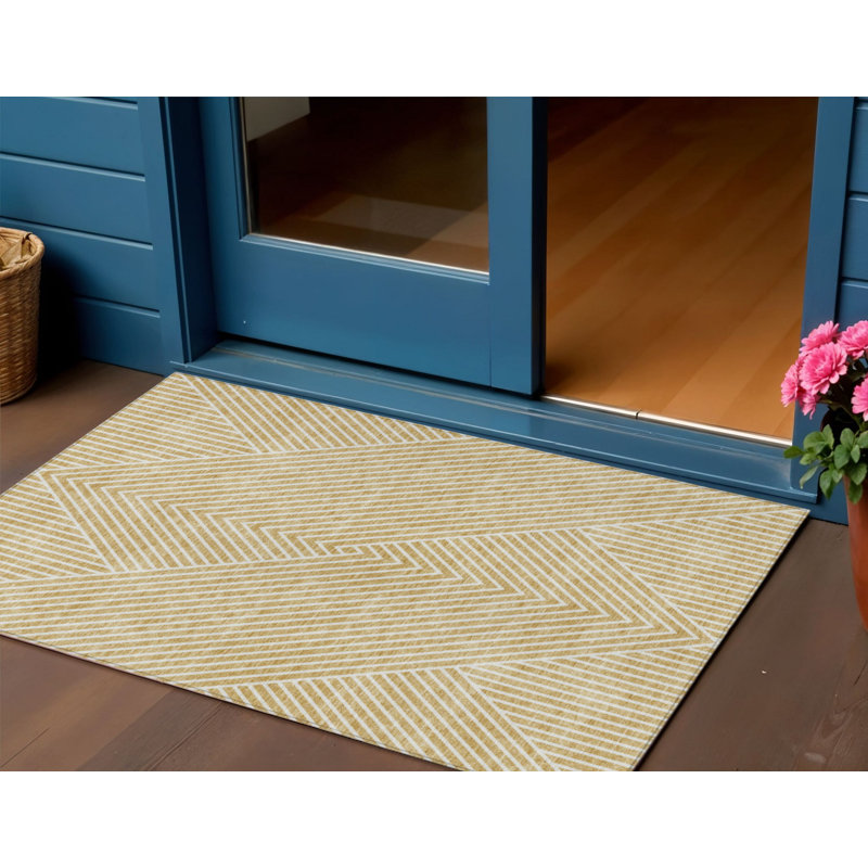 3' X 5' Gold And Ivory Geometric Washable Indoor Outdoor Area Rug