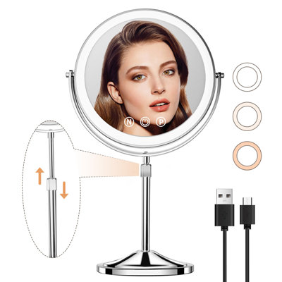 9" Large Lighted Makeup Mirror, Height Adjustable & 3 Color Dimmable Lights, 1X/10X Magnifying Mirror With Light, 80 LED Lights, 360°Rotation Double Sided Vanity Mirror