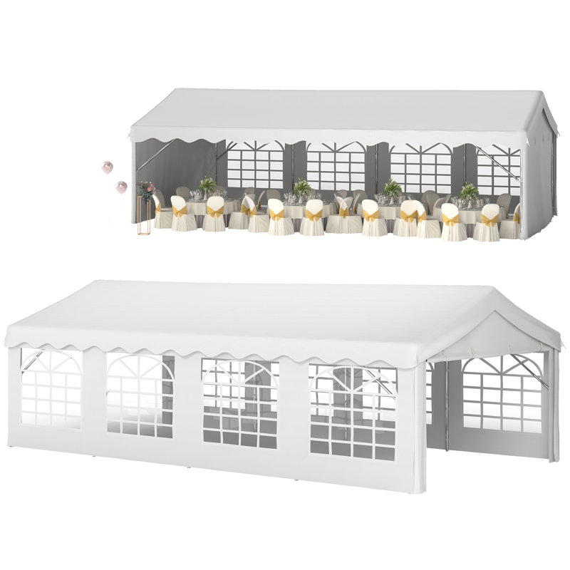 Tente de réception robuste Outsunny 4 x 8 m (13 x 26 pi) avec parois latérales amovibles, blanche, idéale pour les mariages et autres événements.