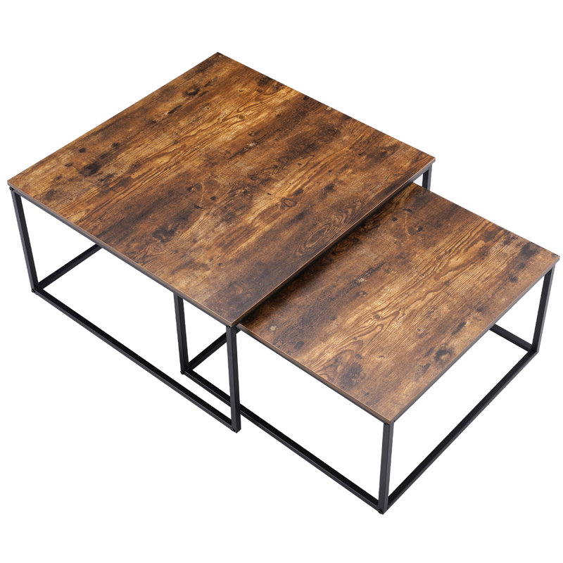 Rustic Brown and Black Square Wood Metal Nesting Coffee Tables, 2 Piece Set