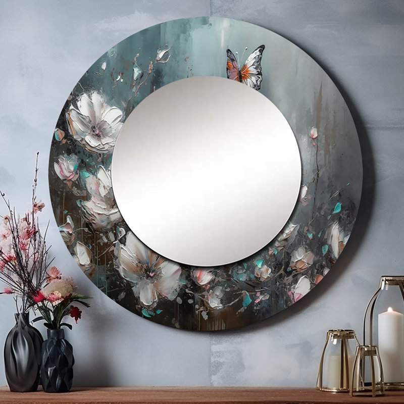 Kalmin Flowers With Butterflies Painting II - Floral Mirror, Traditional Round Unique Wall Mirror, Printed Metal Art