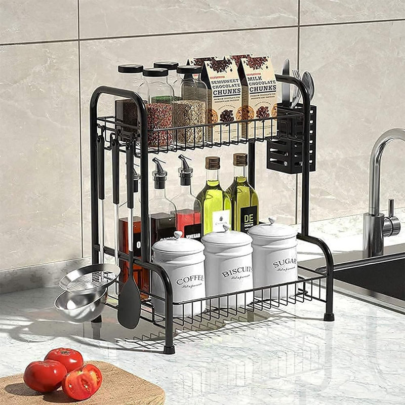Organisateur de comptoir de salle de bain avec panier à articles de toilette, support de rangement pour comptoir de salle de bain à 2 niveaux avec repose-pieds réglable, support pour meuble-lavabo sans vis, fil métallique robuste noir, moyen l 12,8 po