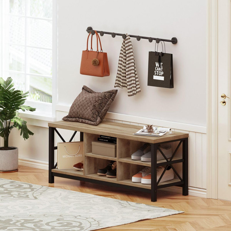 Rustic Shoe Bench Storage Adjustable Shelves, Rustic Oak