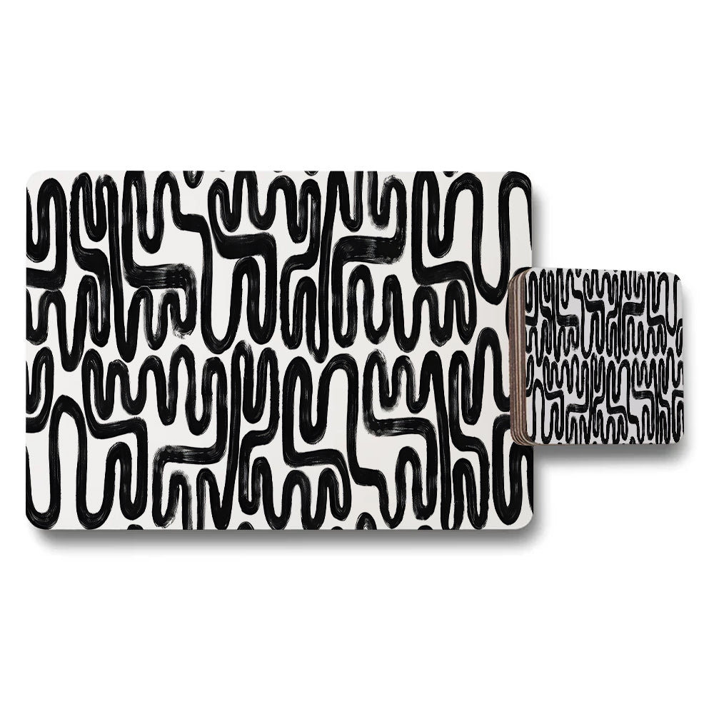 Abstract Black Wavy Line Placemat And Coaster Set For Dining Table