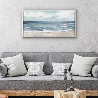 Art mural sur toile 15 x 30 avec sable beige, océan bleu et ciel blanc - art mural plage côtière