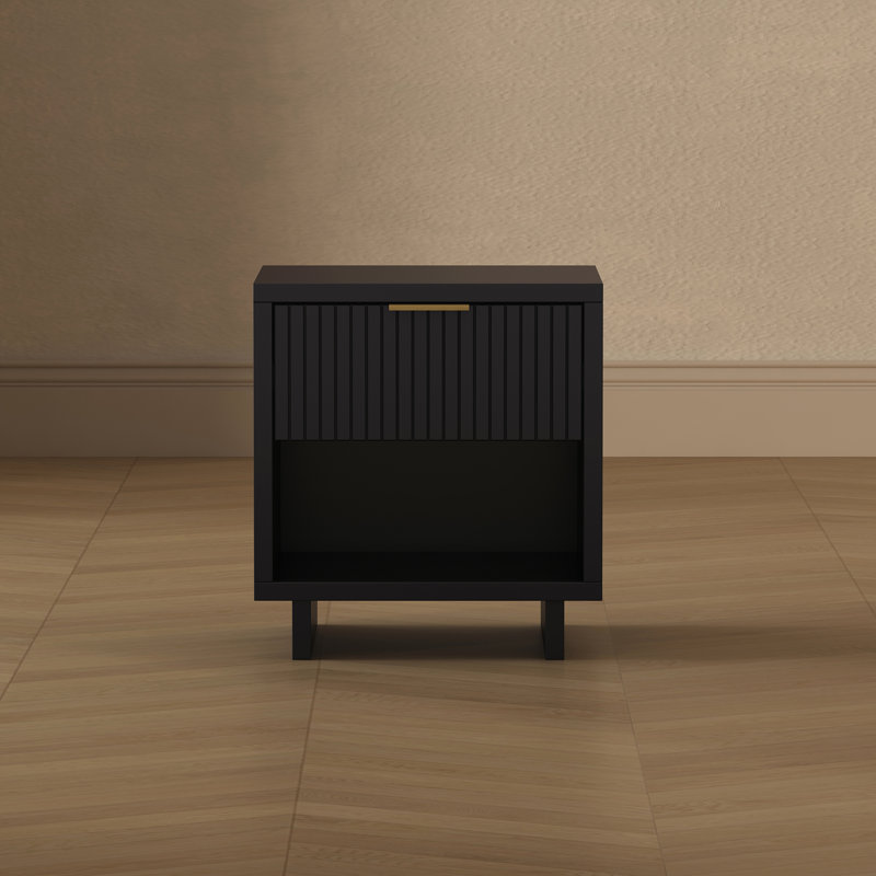 Elara 18" Contemporary 1-Drawer Solid Wood Nightstand in Black, Black