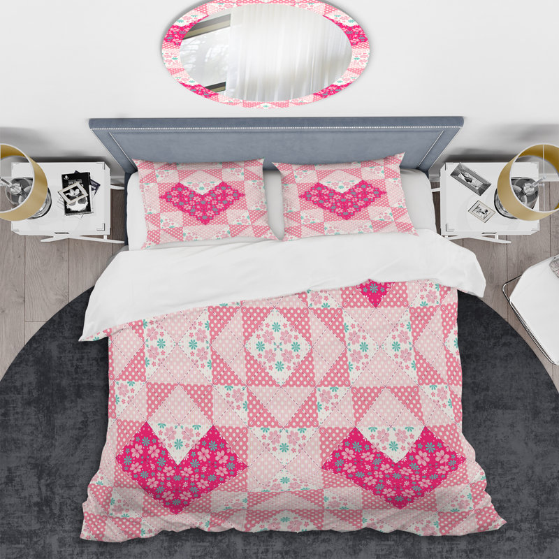 Ensemble de housse de couette à motif patchwork rose, Housse de couette simple + 1 taie décorative stan