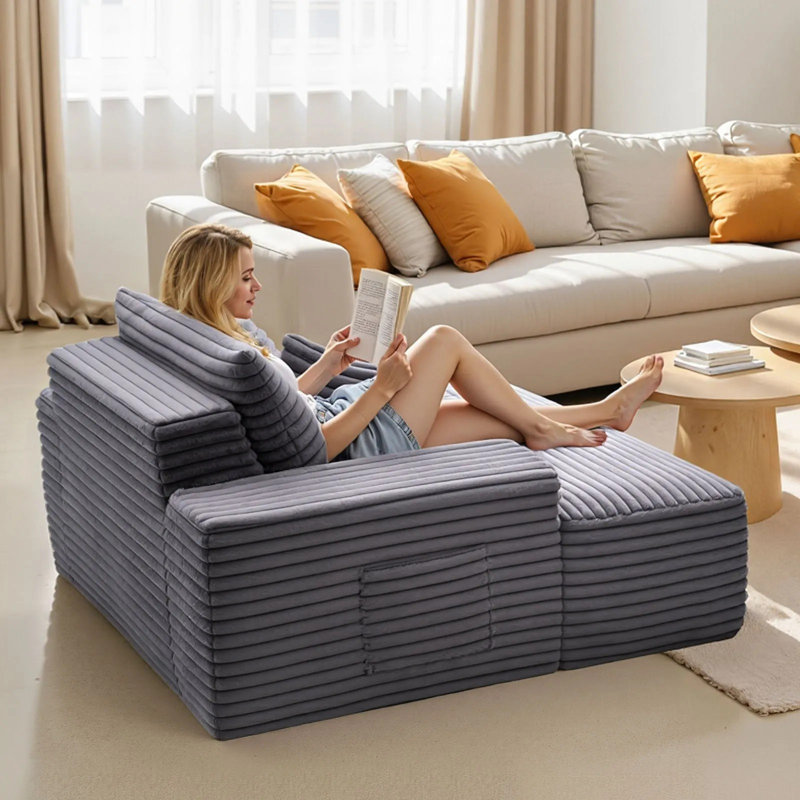 Chaise longue, chaise longue sans dossier de 54 po, chaise de lecture rembourrée surdimensionnée avec coussins décoratifs et accoudoirs, canapé-lit à assise profonde pour salon, chambre à coucher, gris