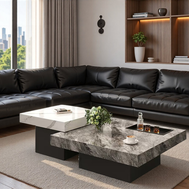 Ensemble de tables basses Luxury Rockboard, H 13,8 po x L 31,5 po x l 31,5 po, Brun / Blanc