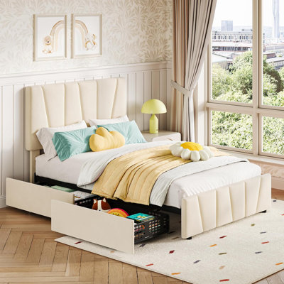 Structure de lit plateforme simple avec tête de lit réglable, revêtement en velours, conception capitonnée, 2 tiroirs de rangement, support à lattes en bois, taille simple, beige / crème, chambre à coucher moderne