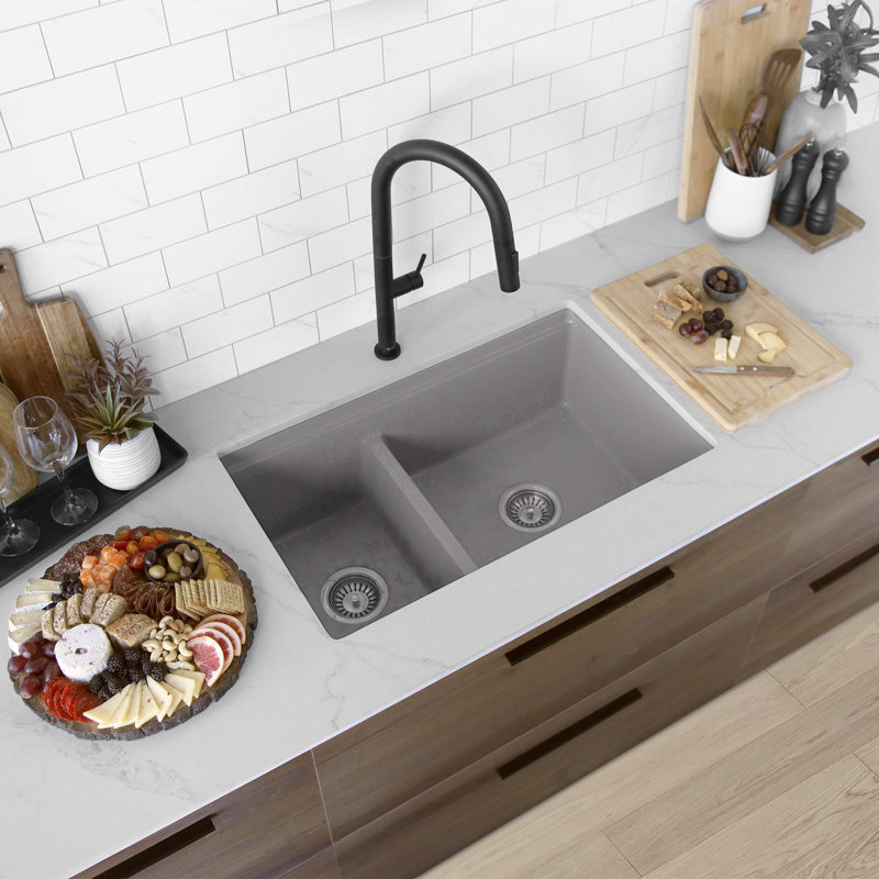 Waterton 30” composite double bowl kitchen sink from Pietra, Gris