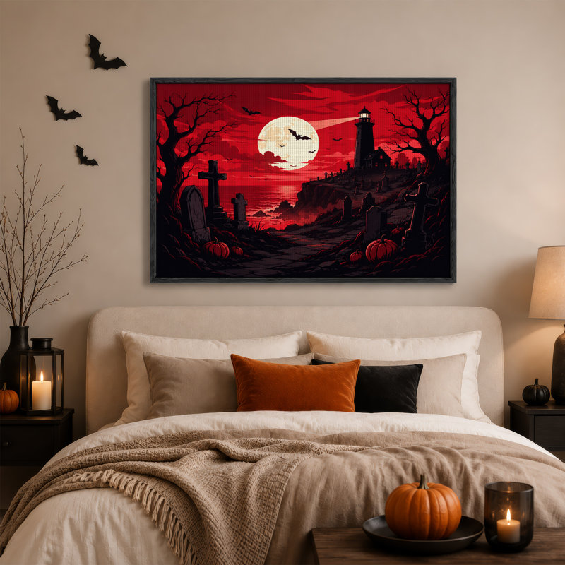 Art mural sur toile Spooky Coastal Graveyard and Lighthouse Under Halloween, 18"H x 24"W