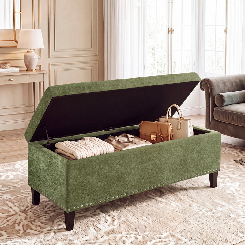 Repose-pieds capitonné rectangulaire de 42 po avec rangement, Chenille vert sauge