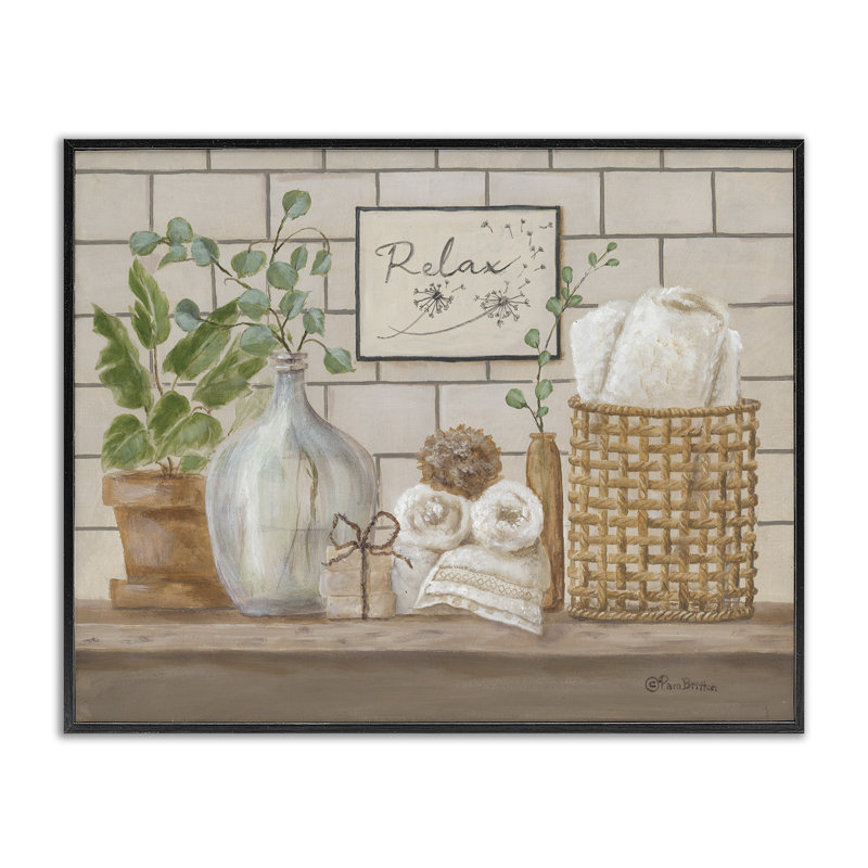«Uplifting Bathroom Spa Relax Scene», estampe numérique encadrée par Pam Britton, Giclée encadrée noir minuit