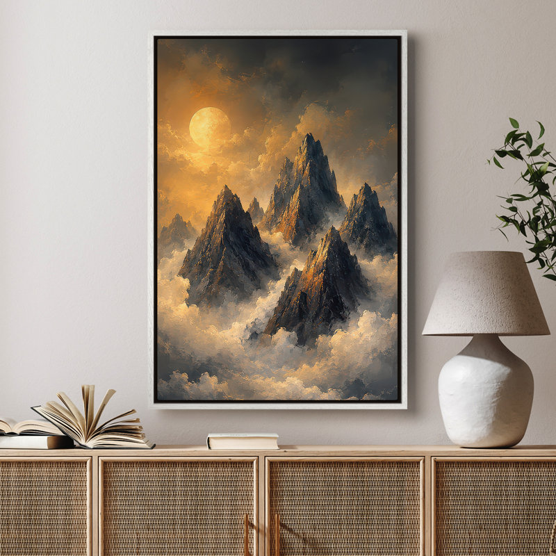 Art mural sur toile encadrée - Coucher de soleil doré spectaculaire sur des sommets de montagnes dentelées - 16 po x 24 po, 24 po x 36 po