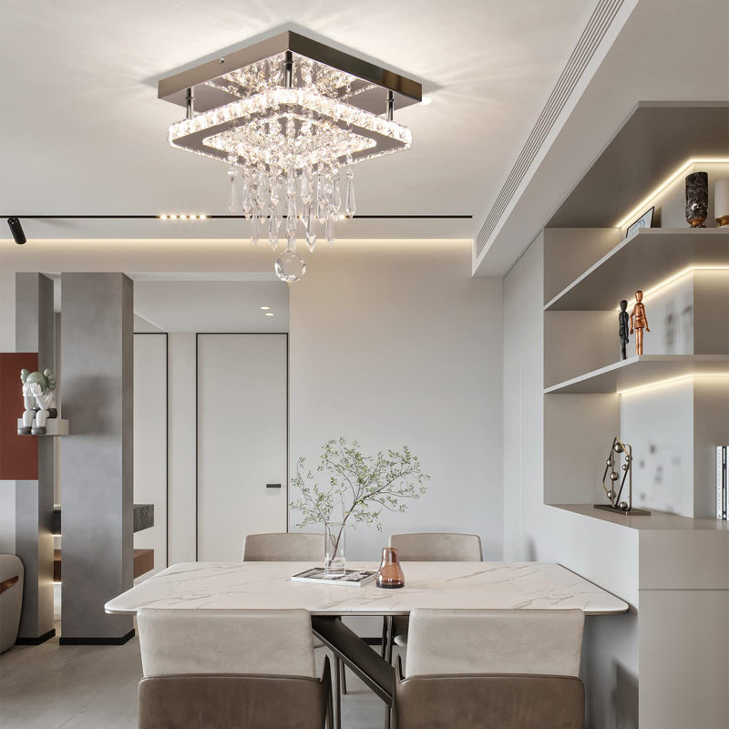Lustres carrés en cristal de style moderne avec plafonniers encastrés à DEL à télécommande pour salle à manger, salon, couloir (à intensité variable)