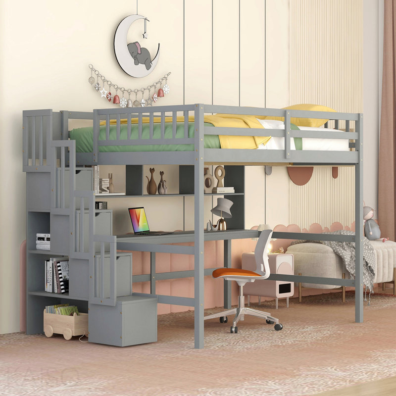 Lit mezzanine double avec bureau, tablettes de rangement et escalier, gris