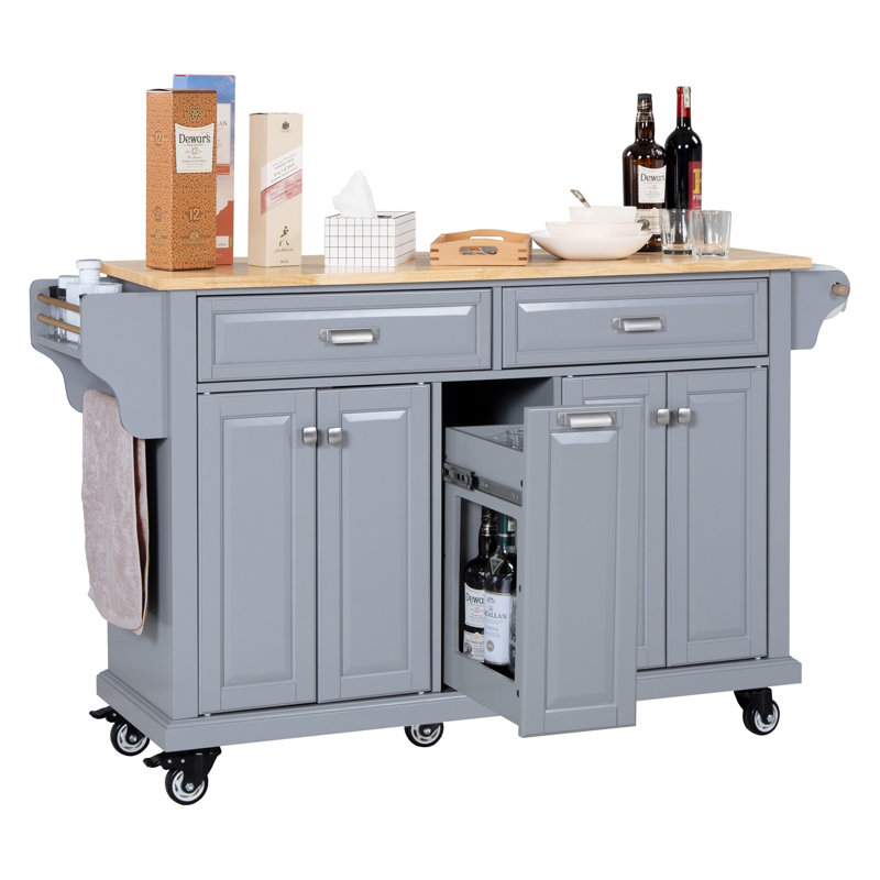 Kitchen Island With Rubber Wood Countertop, Kitchen Cart On 5 Wheels With Storage Cabinet And 2 Top Drawers And A Center Double Layered Storage Drawer For Dinning Room