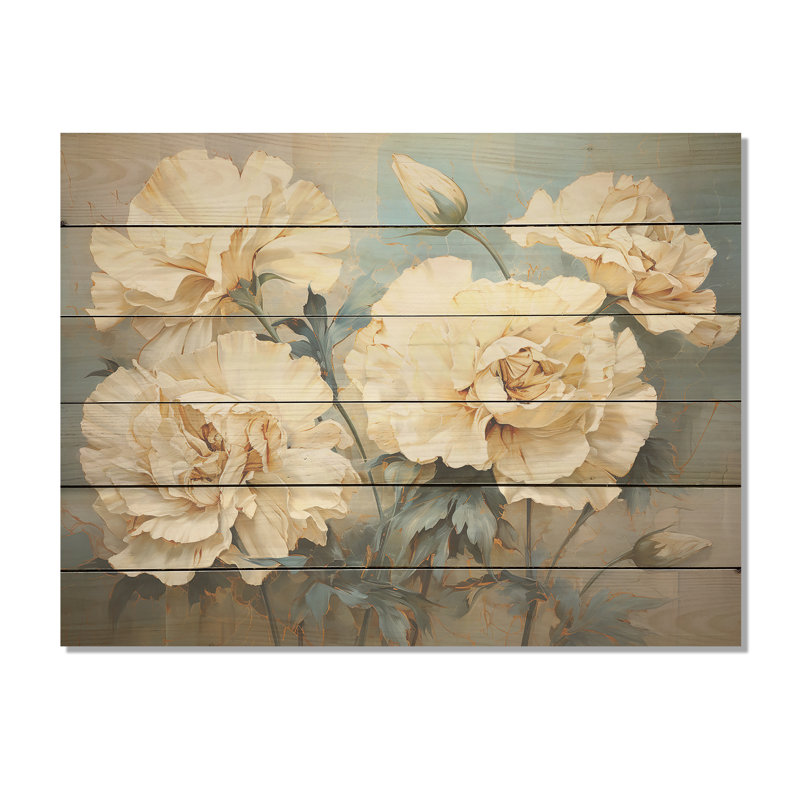 Oeillets beige sur fond bleu I - œillets, art mural sur bois de pin naturel, H 10 po x l 20 po