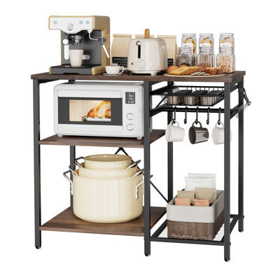 Kitchen Bakers Rack, 35.4 inch Width Bakers Rack, Kitchen Stand with X-Shaped Support Bar, 5 S-Shaped Hooks, Multi-Layer Storage Shelf, Coffee Bar Stand for Dishes & Bowls, Spice Bottles