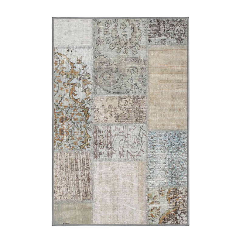Laine tissée à la machine abstraite contemporaine et gris polyester/bleu/brun Tapis décoratif, Rectangle 2 pi x 5 pi