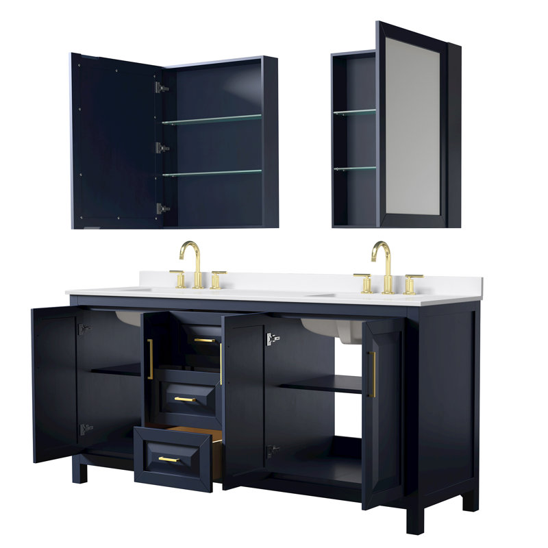 Meuble-lavabo double 72 po avec plateau en quartz et miroir Daria, Quartz Giotto, Bleu, Or brossé