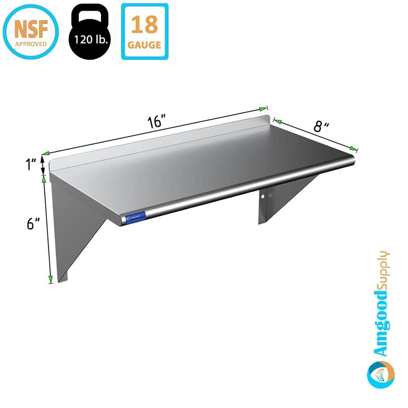 Tablette murale en acier inoxydable. Étagères en métal. NSF., H 7 po x l 16 po x P 8 po
