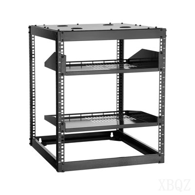 Support réseau 12U à cadre ouvert de 23 po de profondeur, support mural ou sur pied, 4 poteaux robustes, avec tablettes ventilées et quincaillerie de fixation, peut contenir tout votre équipement audiovisuel