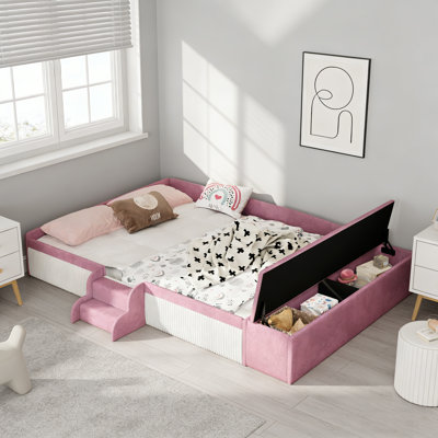 Pink & White Velvet Upholstered King Size Daybed With Stairs, Gas Lift Storage Ottoman & Padded Guardrails