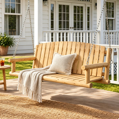 Solid Fir Wood Porch Swing Bench, Outdoor 3-Seater Hanging Swing Chair with High Fan-shaped back and Adjustable Metal Chains, Upgraded Wooden Patio Swing Loveseat Benchs for Backyard, Garden, Deck,Natural