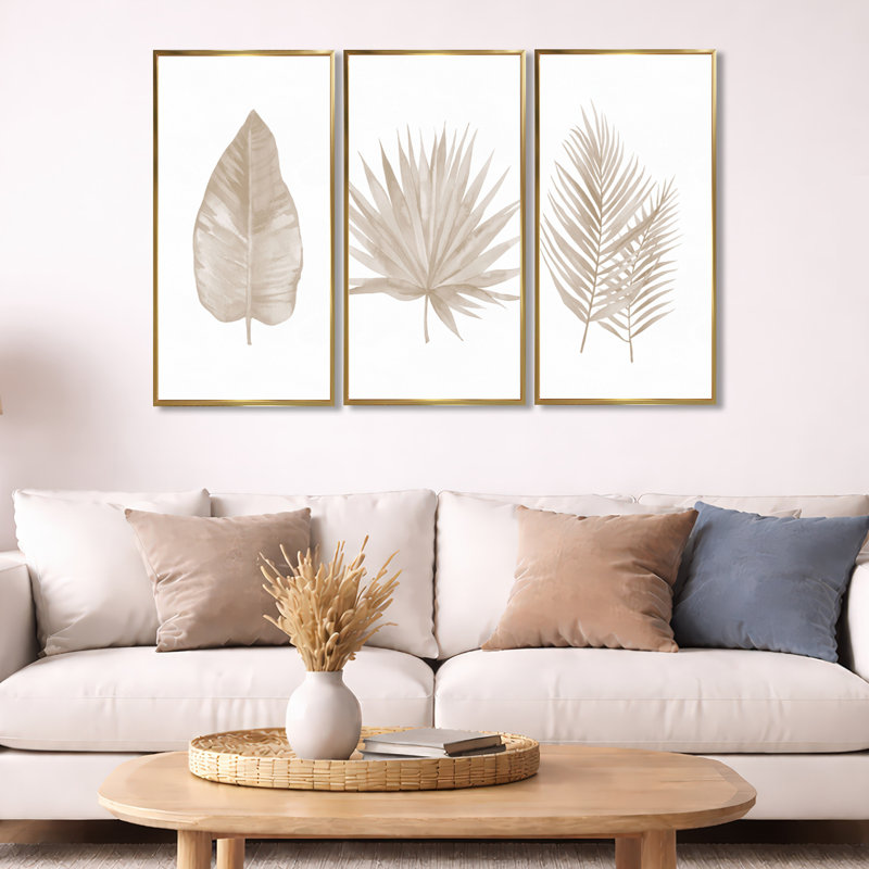 «Tropical Leaf», ensemble d'art mural sur toile, impression de décoration botanique beige - feuilles beige tropical, Doré