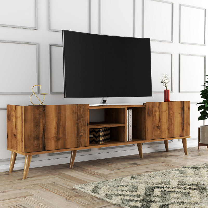 Modern Walnut TV Stand with Wooden Legs, 70.9 x 20.5 x 13.4 inches | 100% Melamine Coated Particle Board, Thickness: 0.7 inches | Multiple Shelves, Wall-Mountable, Scandinavian Design for Stylish Living Rooms