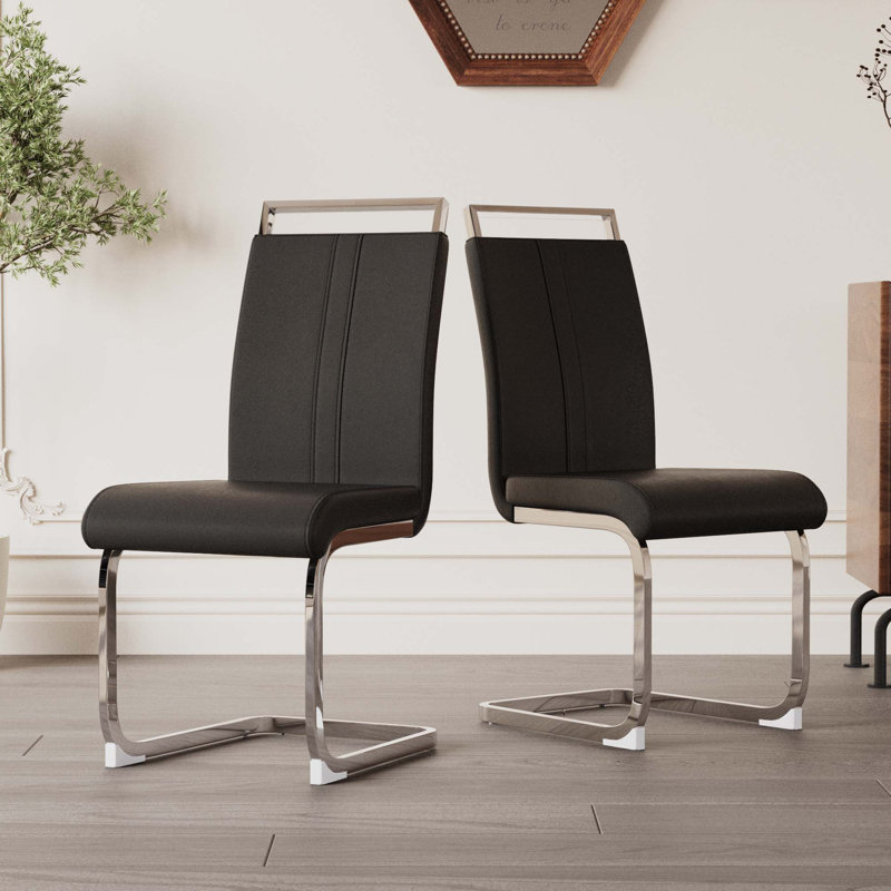 Chaises de salle à manger modernes, chaise d'appoint rembourrée en similicuir à haut dossier avec pieds en métal argenté