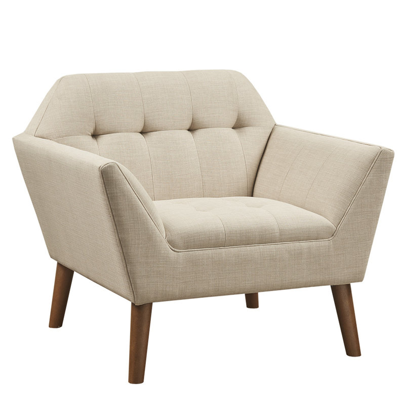 Méridienne Mid-Century avec capitonnage à boutons, accoudoirs, pieds en bois massif de couleur pacane, beige, chaise l 37 po x P 29,5 po, look Mid-Century, siège supplémentaire, pieds en pacane