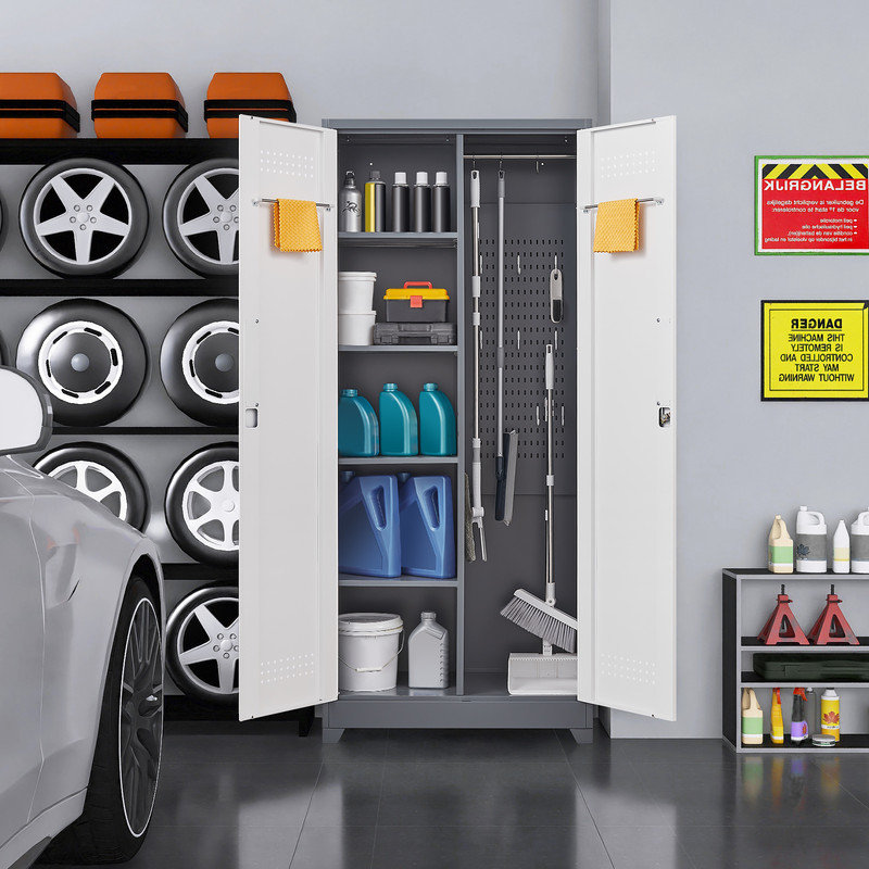 Gray Metal Lockers, Cleaning Tool Cabinets With Locking Doors, High Broom Tool Storage Cabinets, Adjustable Shelves, Large Cabinets For Kitchens, Offices, Shops.(72 Inches)