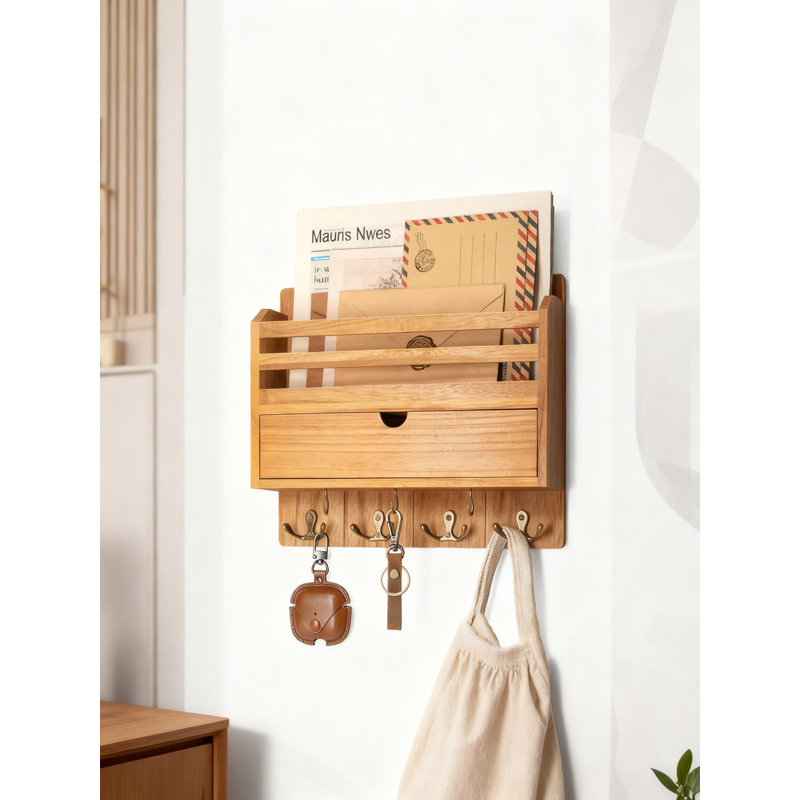 Porte-courrier mural et porte-clés avec tiroir de rangement, organisateur de hall d'entrée en bois avec 7 crochets pour clés, courrier et petits objets, décoration élégante pour la maison et le bureau