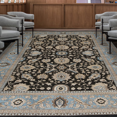 Tapis noir et bleu clair de haute qualité noué à la main