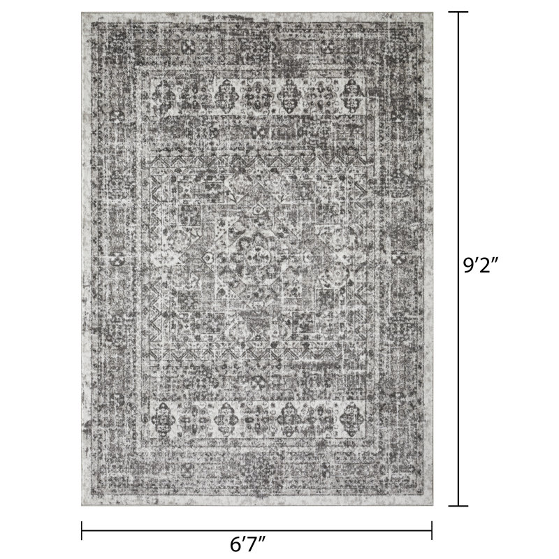 Tapis oriental gris en polypropylène tissé à la main Ragheb, Rectangle 6 pi 7 po x 9 pi 2 po