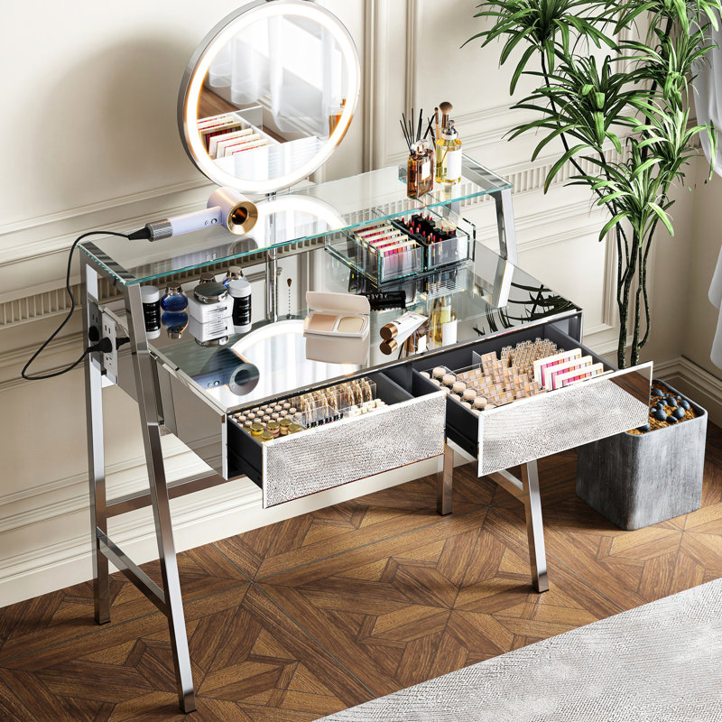 Bureau de maquillage avec miroir argenté avec lumières et miroir, 2 grands tiroirs et tablette ouverte, centre de chargement de chambre à coucher, lumières de meuble-lavabo 33,9 po, prise