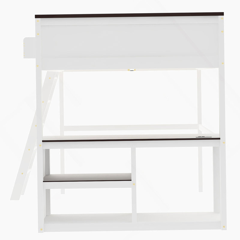 Grand lit mezzanine avec bureau, tablette ouverte et boîte de rangement, station de charge USB, blanc