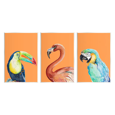 "Bold Tropical Birds Rainforest Animals" Toucan Perroquet, ensemble de 3 plaques murales par Patricia Pinto