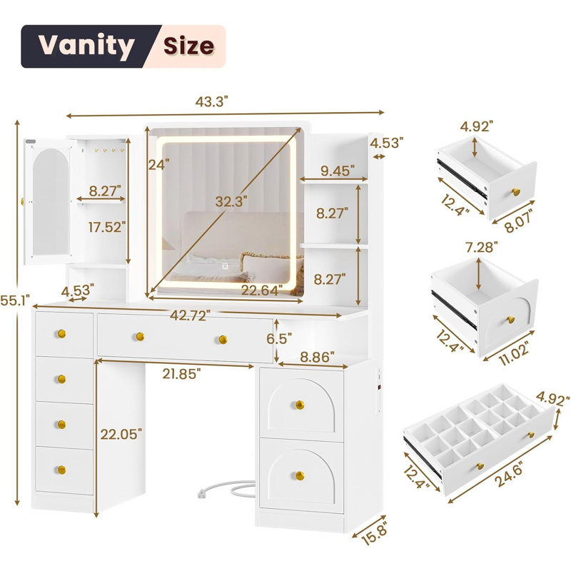 White Vanity Desk With Mirror And Led Lights, Large Makeup Vanity Desk With 7 Drawers, Storage Shelves And Rgb Glass Cabinet, Dressing Table For Bedroom With Charging Station, Lights Adjustable