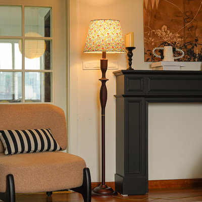 Lampe sur pied en tissu et bois massif de style chinois