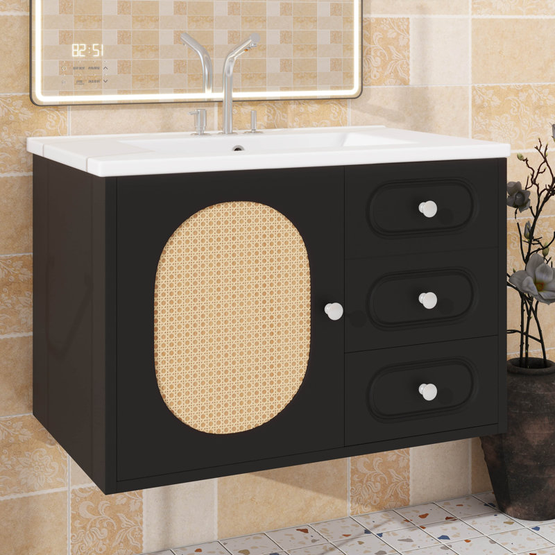 Meuble-lavabo de 30 po avec lavabo en céramique, meuble-lavabo de style Mid-Century avec 2 tiroirs, grande unité de meuble-lavabo avec rangement