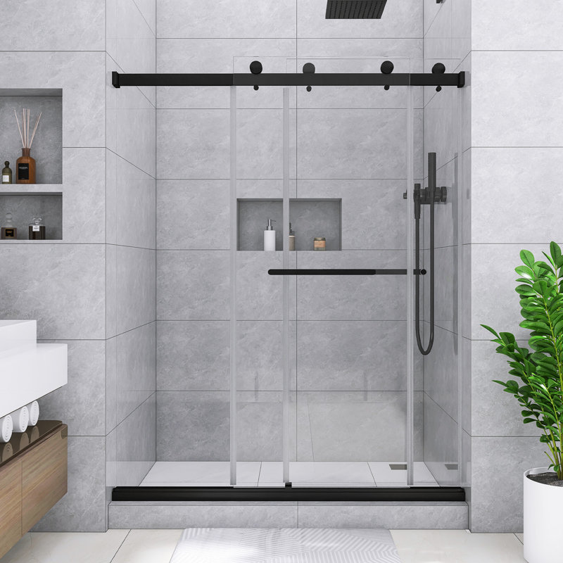 60 po X P 75 po H Double porte de douche coulissante sans cadre au fini noir mat
