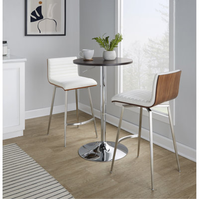 Ensemble de salle à manger à hauteur de comptoir Mid-Century moderne avec table réglable en métal chromé, plateau en bois brun, acier inoxydable et similicuir blanc - 3 pièces